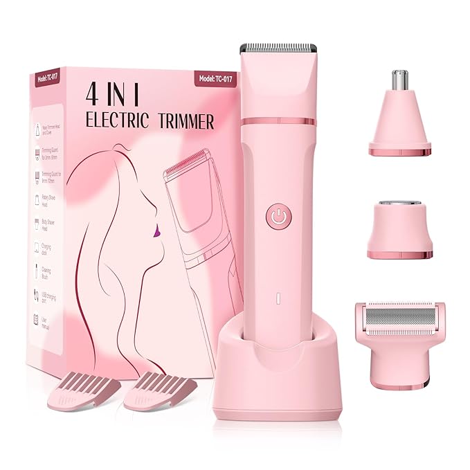 Bikini Trimmer for Women - 4 in 1 Electric Razors for Women, Waterproof Body Pubic Hair Electric Shaver for Womens, Replaceable Facial & Nose Hair Razor, Rechargeable Grooming Kit, Pink