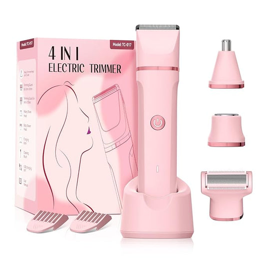 Bikini Trimmer for Women - 4 in 1 Electric Razors for Women, Waterproof Body Pubic Hair Electric Shaver for Womens, Replaceable Facial & Nose Hair Razor, Rechargeable Grooming Kit, Pink
