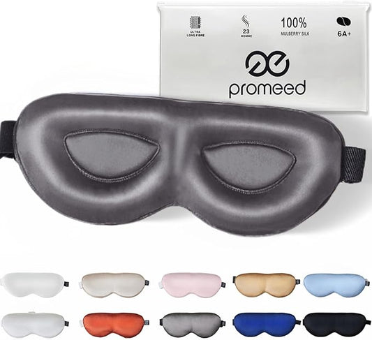 PROMEED Adjustable 100% Mulberry Silk Sleep Mask 23 Momme, 3D Contoured No-Pressure Cup Eye Mask for Sleeping, Super Soft Breathable Blindfold, Perfect Blocks Light for Sleeping (Grey)