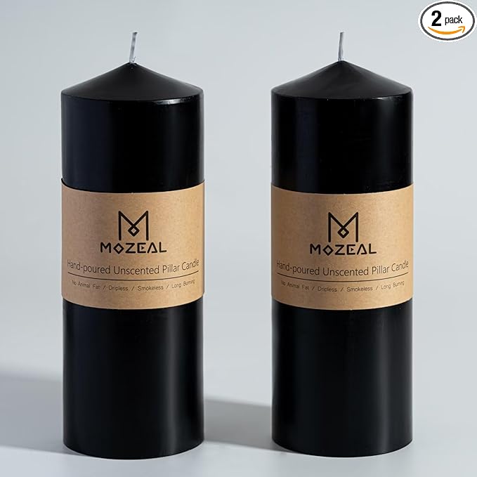 MOZEAL 3" x 8" Hand-Poured Unscented Candles,Large Black Pillar Candles Set of 2,No Drip,Approx 120 Hours Long Burning,Wedding,Dinner,Halloween and Home Decor（3 Inch Diameter 8 Inch Height）