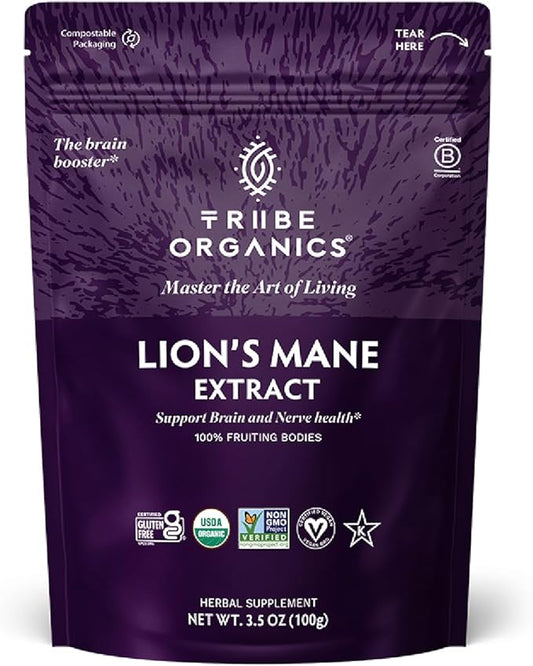 TRIBE ORGANICS Lion’s Mane Powder - Organic Mushroom Extract Powder - Immune System Booster & Brain Nootropic for Focus and Memory - Natural Energy and Immunity - 100g Pouch - 100 Servings