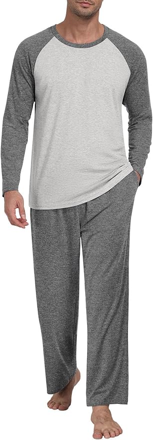 Men's Pajamas Set Sleepwear Pjs Lightweight Long Sleeve Pjs Soft Comfy Sleep Sets with Pockets