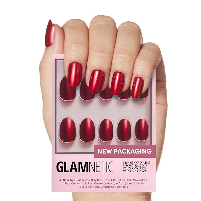 Glamnetic Press On Nails - Cherry Glaze | Short Round Bright Cherry Red Nails with a Glaze Finish | 15 Sizes - 30 Nail Kit with Glue