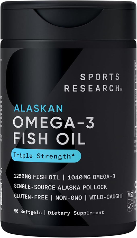 Sports Research® Omega-3 Fish Oil 1250 - Triple Strength Fish Oil Supplement from Wild Alaska Pollock - MSC Certified Sustainable · Non-GMO · Soy Free - 90 Softgel Capsules