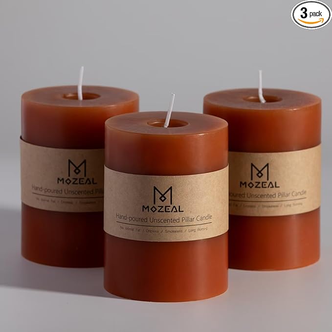 MOZEAL 3" x 4" Hand-Poured Unscented Candle, Dripless Pillar Candle Set of 3, Long Clean Burning, Approx 72 Hours Burn Time, Rustic Country Style, Wedding, Autumn, Home Decor, Burnt Orange