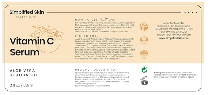 Simplified Skin Vitamin C Face Serum – 20% Vitamin C, Hyaluronic Acid, Vitamin E – for Hydrating & Glowing Skin - Antioxidant Skin Brightening Serum – 2 Fl Oz