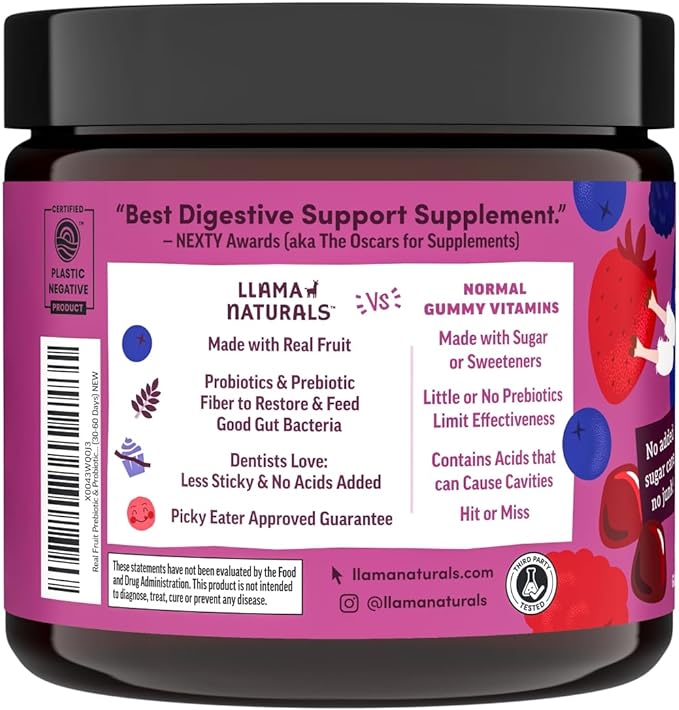 Llama Naturals Kids Probiotic with Prebiotic Fiber, Vegan, Organic Prebiotics and Probiotics Gummies for Gut Health Support, Toddler Real Fruit Gummy Vitamins, No Added Sugar Cane, Mixed Berry, 60 Ct