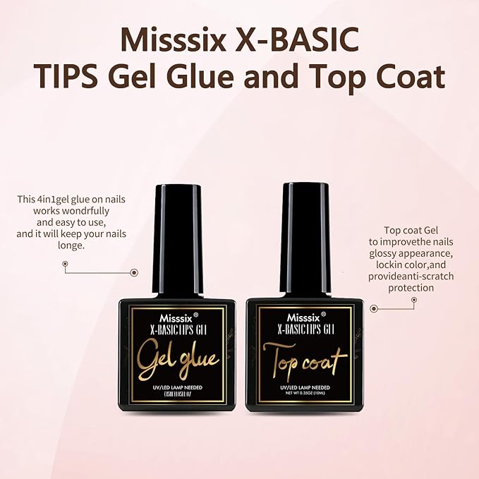 Misssix XBASICTIPS French Tip Press On Nails, 600 Pcs Short Square French Gel Nail Tips, 20 Colors Fake Nails Starter Kit with U V Lamp, Top Coat and Gel Glue for Nail Art DIY 15 Sizes