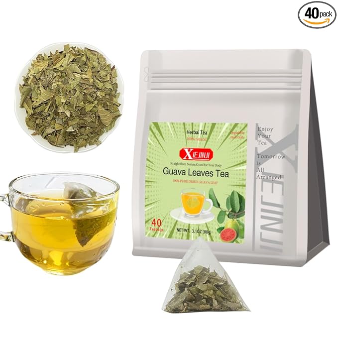 XIEJINJI Guava Leaf Tea Bags, 40 Count, Hojas De Guayaba, Made from 100% Natural Guava Leaves, No Flavoring & No Additives & Caffeine Free, Pyramid Clear Filter Teabag