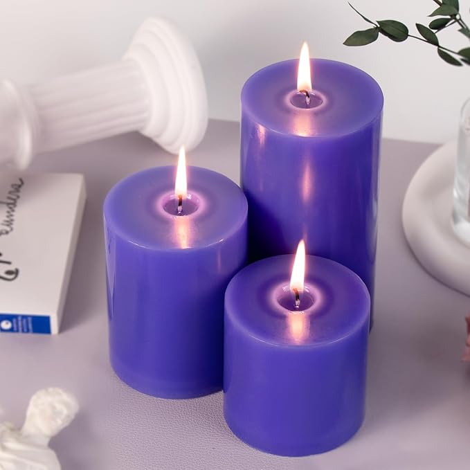 KONNI Violet Pillar Candles Set of 3, 3"x 3" Unscented Pillar Candles Bulk, 30 Hours Long Burning Candles, Smokeless and Dripless Large Round Candle for Wedding, Home Decoration, Parties, Spas, Dinner