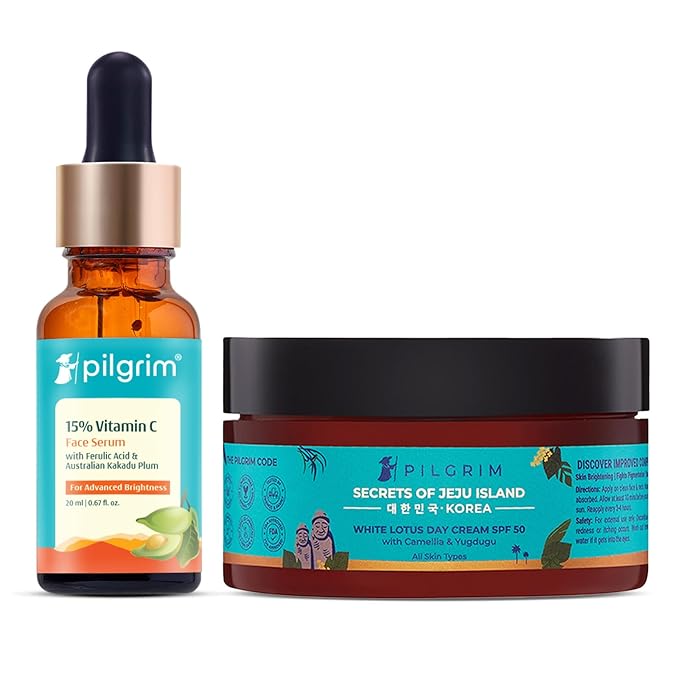 Pilgrim Glowing Skincare Combo: Korean White Lotus Day Cream SPF 50 (PA+++) & 15% Vitamin C Serum (20ml) | With Ferulic Acid & Australian Kakadu Plum | Hydrates, Evens Tone & Fights Pigmentation