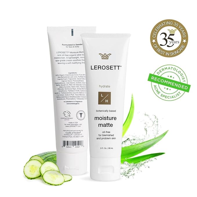 LEROSETT Oil-Free Moisturizer for Oily & Sensitive Skin, Lightweight Matte Hydration, Vegan Moisturizer, Aloe-Based with Vit-B5 + 7 Soothing Herbals, Non-comedogenic, Fragrance Free - 3 oz