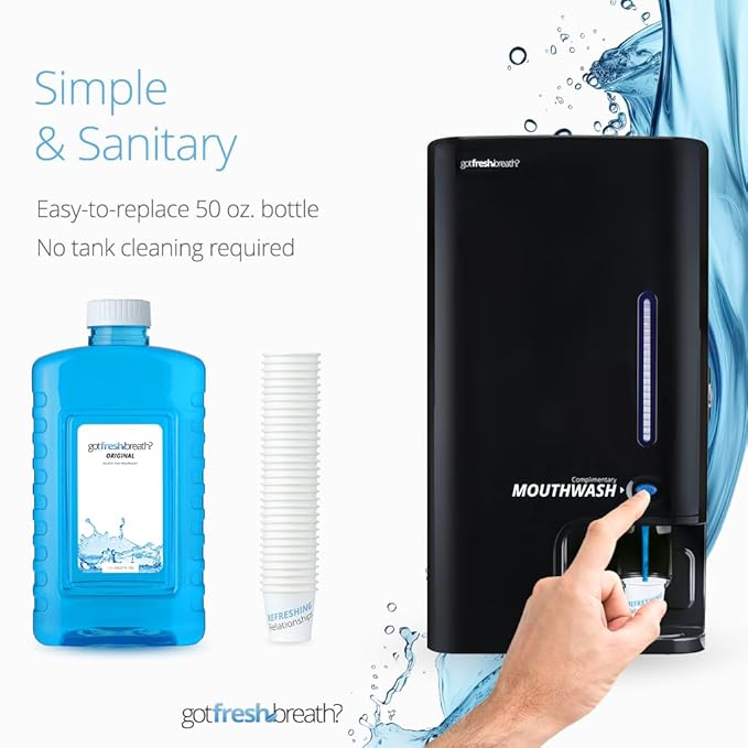 GotFreshBreath Manual Mouthwash Dispenser with Cup Holder – Standing or Wall-Mounted, Slim, Commercial Mouthwash Dispenser with 100 Cups & 50 Oz. Alcohol-Free Mouthwash (Black)…