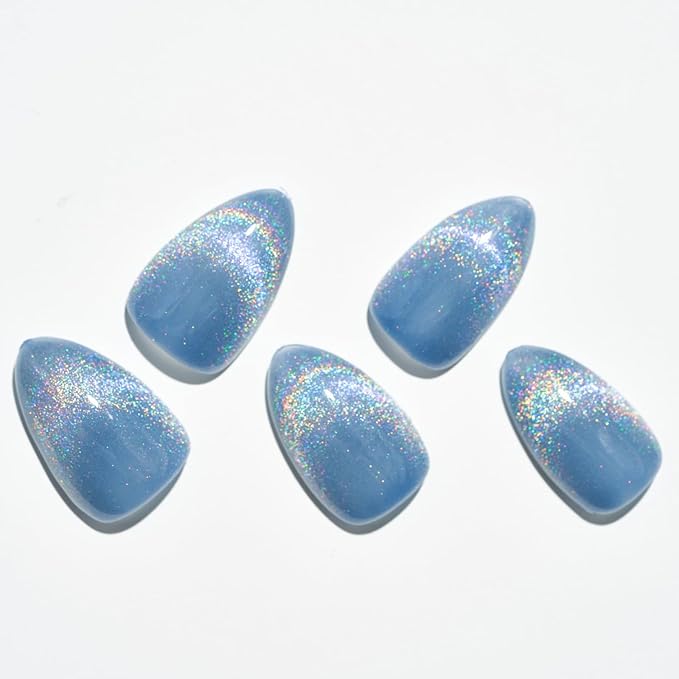 GLAMERMAID Blue Cat Eyes French Tip Press on Nails Short Almond, Rainbow Magnet Handmade Gel Fake Nail Kit, Ombre Glitter Magnetic Glue on Nail Stiletto, Medium Oval Stick on False Nail Set for Women