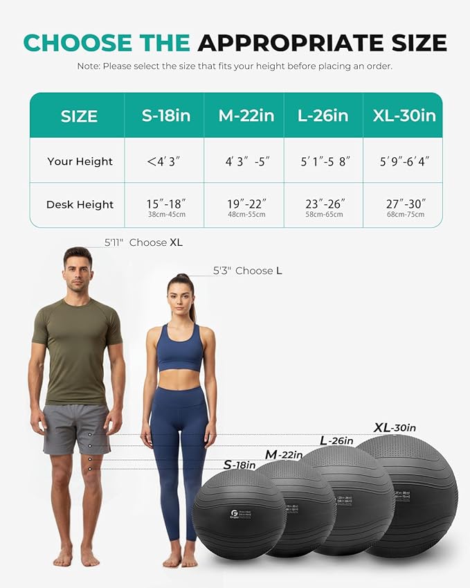 Gruper Yoga Ball, Extra Thick Exercise Ball for Workout Pregnancy Stability - 4 Sizes Anti Burst Balance Ball for Yoga, Pilates, Fitness, Birthing, Physical Therapy - Includes Pump