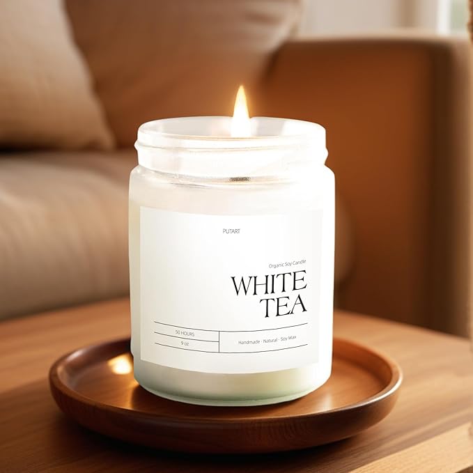 White Tea Candles for Home Scented, Natural Soy Wax Aromatherapy Non Toxic Scented Candle, Handmade Highly Scented & Long Lasting Jar Candle for Stress Relief, Relaxation, Holiday Gifts (9oz)