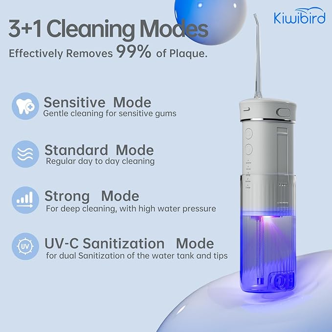 KIWIBIRD Mini Water Flosser for Travel, Ultra-Portable Cordless Oral Irrigator with UVC Light, IPX8 Waterproof 3 Modes, 230mL Teeth Cleaner for Tonsil Stones & Braces Care - Home & Travel (Grey)