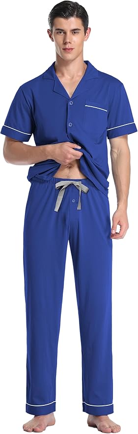COLORFULLEAF Men's 100% Cotton Pajamas Set Button Down Sleepwear Short Sleeve and Long Pants Pjs