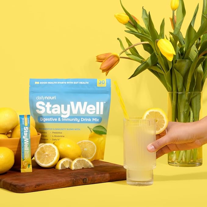 Daily Nouri StayWell Digestive & Immunity Drink Mix | Gut Health, Digestion & Bloating Relief | Probiotics, Prebiotics, Colostrum, L-Glutamine, Magnesium, Zinc, Vitamins | 30 Stick Packs