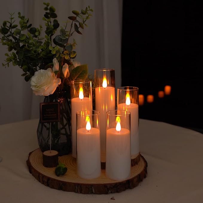 Amagic Pure White Flameless Candles, Battery Operated Candles, Acrylic Flickering LED Pillar Candles with Remote Control and Timer, 3D Wick, Yellow and Blue Glow, D2.2 xH5 5" 6" 7" 8", Set of 5