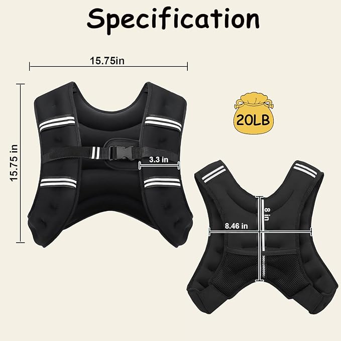 Weighted Vest for Women and Men, 8/12/16/20lb Weight Vest with Reflective Stripe for Workout, Strength Training, Running, Fitness, Muscle Building, Weight Loss, Weightlifting