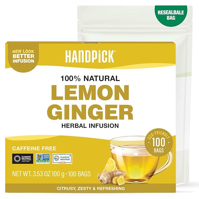 HANDPICK, Lemon Ginger Herbal Tea - 100 Pyramid Tea Bags | 100% Natural Ingredients, Tasty & Citrusy Hand-made Blend of Lemon & Ginger | Caffeine Free, Gluten Free | No Artificial Ingredients
