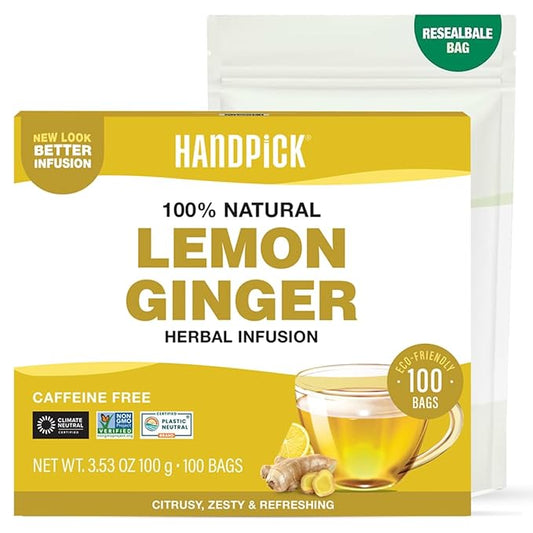 HANDPICK, Lemon Ginger Herbal Tea - 100 Pyramid Tea Bags | 100% Natural Ingredients, Tasty & Citrusy Hand-made Blend of Lemon & Ginger | Caffeine Free, Gluten Free | No Artificial Ingredients