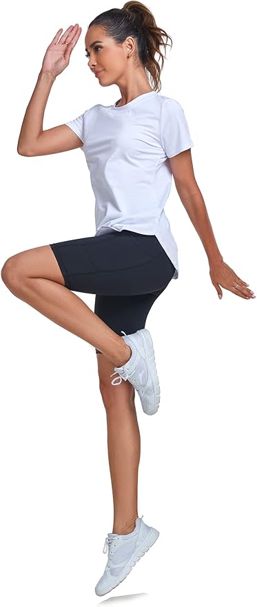 Women's Short Sleeve Workout Shirts Crewneck Sports Yoga Running Dry Fit Tops Side Split Tee