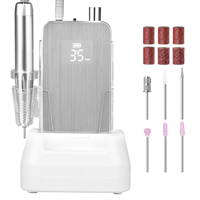 Professional Nail Drill Machine, 2-in-1 AZ GOGO 35000RPM Rechargeable Portable Cordless Nail Drills for Acrylic Gel Nails Manicure Pedicure Salon/Home Use - Coreless Motor (Silver)