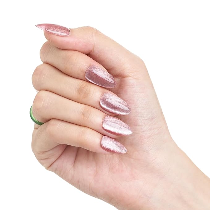 GLAMERMAID Pink Magnet Cat Eyes Press on Nails Short Almond, Handmade Jelly Gel Fake Nail Kits, Ombre Glitter Magnetic Glue on Nail Stiletto, Aurora Medium Oval Stick on False Nail Set for Women