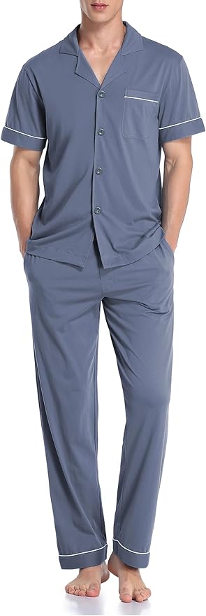 COLORFULLEAF Men's 100% Cotton Pajamas Set Button Down Sleepwear Short Sleeve and Long Pants Pjs