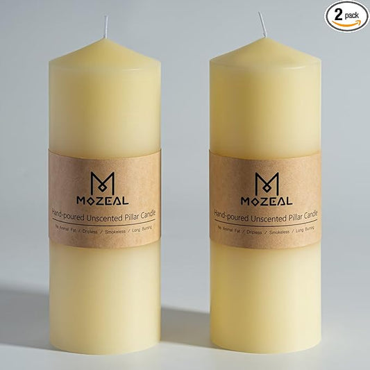 MOZEAL 3" x 8" Hand-Poured Unscented Candles,Large Ivory Pillar Candles Set of 2,No Drip,Approx 120 Hours Long Burning,Wedding,Dinner,Christmas and Home Decor（3 Inch Diameter 8 Inch Height）