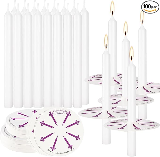 100 pcs Church Candles with Drip Protectors for Devotional Candlelight Vigil Service, Unscented White 5" H X 1/2" D, No Smoke, Shabbat, Praye