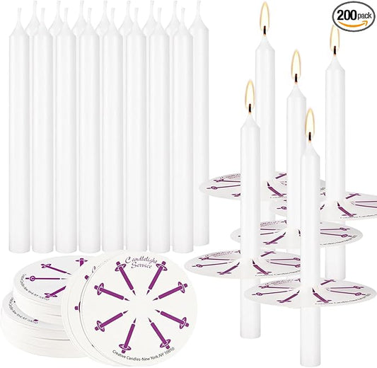 200 pcs Church Candles with Drip Protectors for Devotional Candlelight Vigil Service, Unscented White 5" H X 1/2" D, No Smoke, Shabbat, Praye