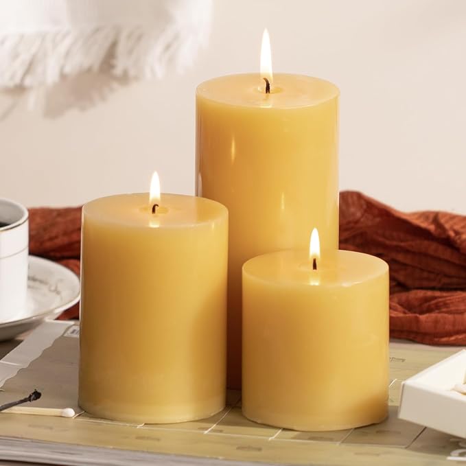 KONNI Mustard Yellow Pillar Candles Set of 3, 3"x 6" Unscented Pillar Candles Bulk, 56 Hours Long Burning Candles, Smokeless&Dripless Large Round Candle for Wedding, Home Decoration, Parties