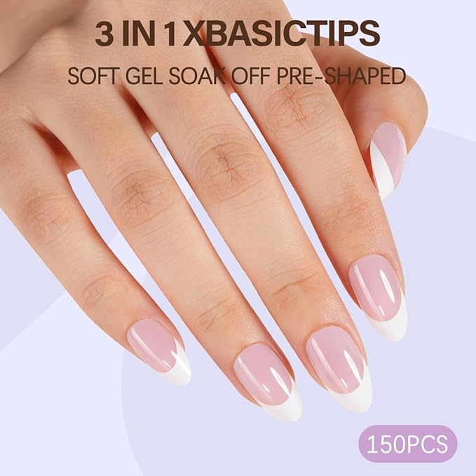 Misssix XBASICTIPS French Tip Press On Nails, 150Pcs French Gel Nail Tips Short Almond, Pink White Soft Gel Pre-shaped No Need to File 3 in 1 Nail Tips, Fake Nails for Nail Art DIY Extension 15 Sizes