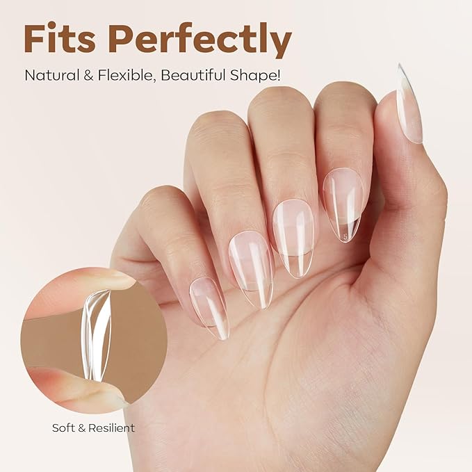 modelones Short Almond Nail Tips, Pre-shaped Soft Gel Tips Fake Nails False Acrylic Clear Full Cover Press on Extension Kit Gel Manicure DIY at Home 216PCS 12Sizes