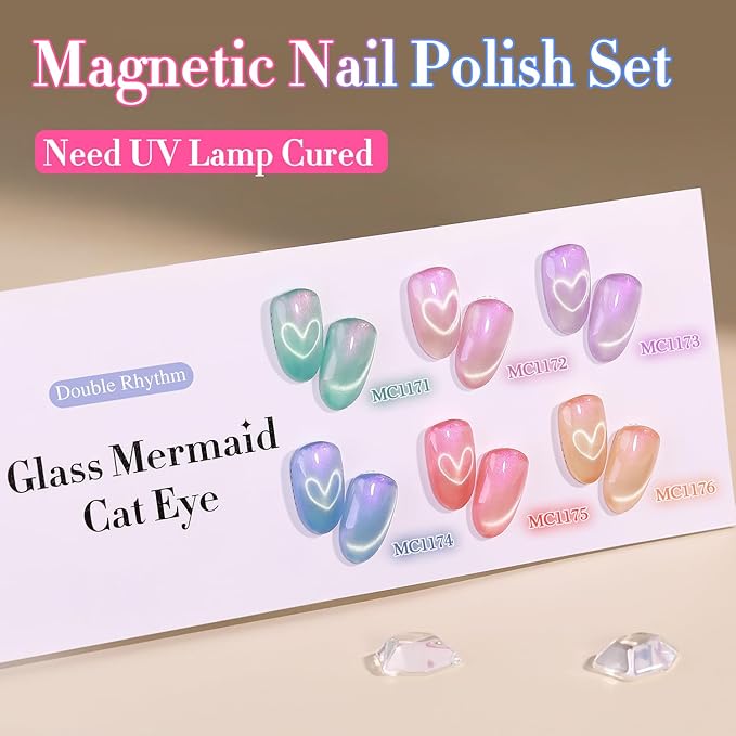 Double Rhythm Cat Eye Gel Nail Polish Set of 6 Same Color Same Bottle 0.5 Oz Shimmer Glitter with Magnet Holographic Reflective Magnetic UV Nail Polish Kit at Home (Mermaid Pink Rose-T6-31)