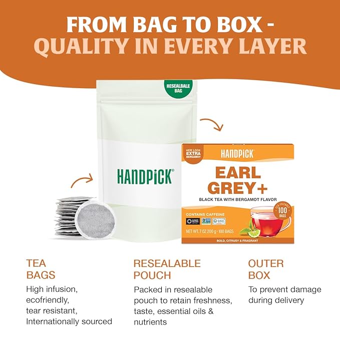 HANDPICK, Earl Grey Black Tea Bags (100 Count) Bergamot Oil | Caffeinated, Earl Grey Tea Bags | Flavoured With Citrus and Bergamot Brew Hot/Iced Tea with or without milk
