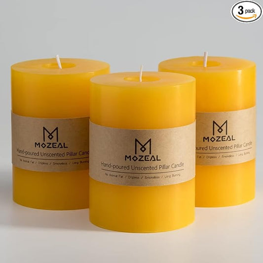 MOZEAL 3" x 4" Hand-Poured Unscented Candle,Dripless Pillar Candle Set of 3,Long Clean Burning,Approx 72 Hours Burn Time,Rustic Country Style,Wedding,Dinner,Christmas and Home Decor,Yellow
