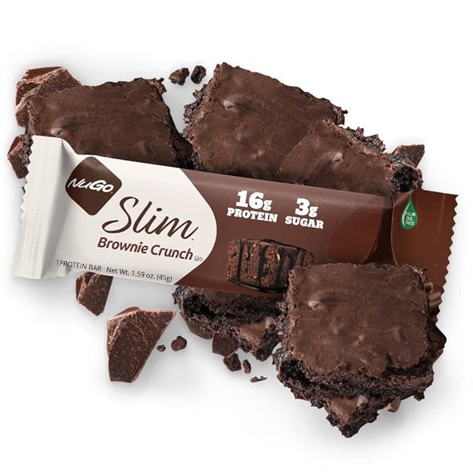 NuGo Slim Dark Chocolate Brownie Crunch, 16g Protein, 3g Sugar, 7g Fiber, Low Net Carb, Keto Friendly, Gluten Free, 12 Count