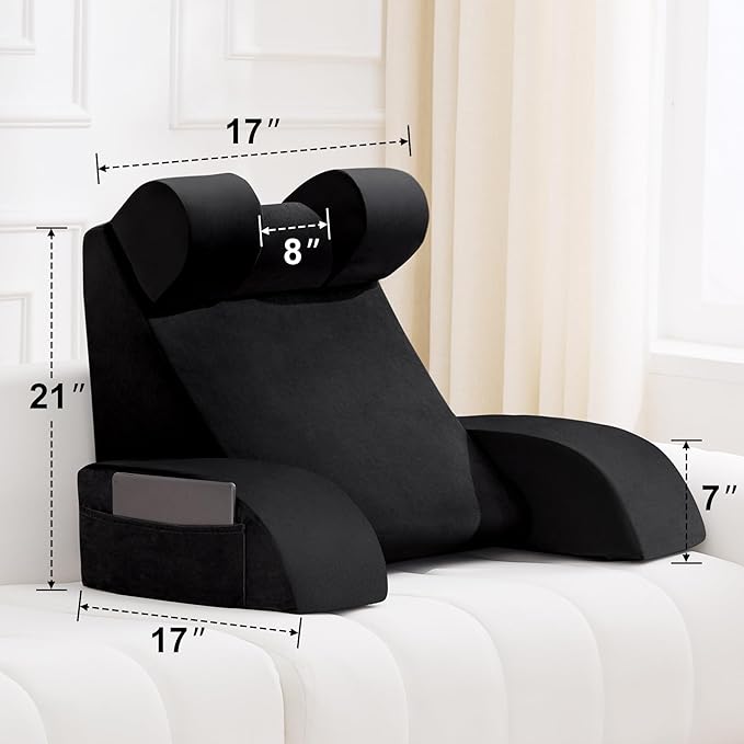 Reading Pillow for Sitting in Bed Adult, Back Pillow for Bed Sitting up, Backrest Pillow with Arms, Back Support Pillows for Gaming Lounging Watching TV, Large 21" Black