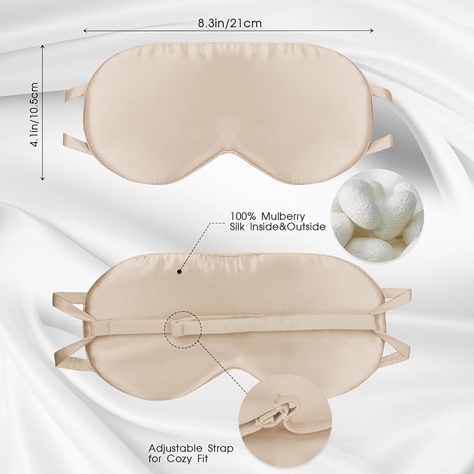 Silk Sleep Mask for Women/Men/Adults with Adjustable Strap Light Blocking Real Silk Eye Mask for Sleeping Plane/Side Sleeper/Travel,Champagne