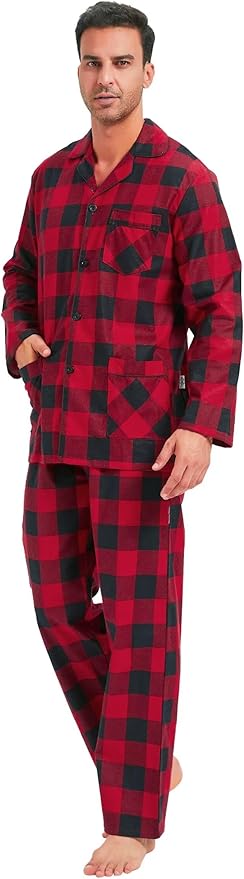 GLOBAL Men's Pajamas Sets 100% Cotton Flannel Sleepwear Long-Sleeve top & Bottom