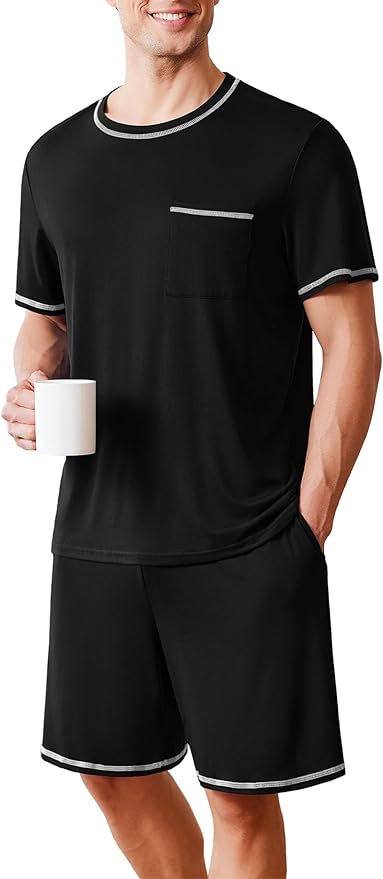 Ekouaer Men's Pajamas Set Casual Short Sleeve Shirts and Shorts Soft 2 Piece Loungewear With Pockets