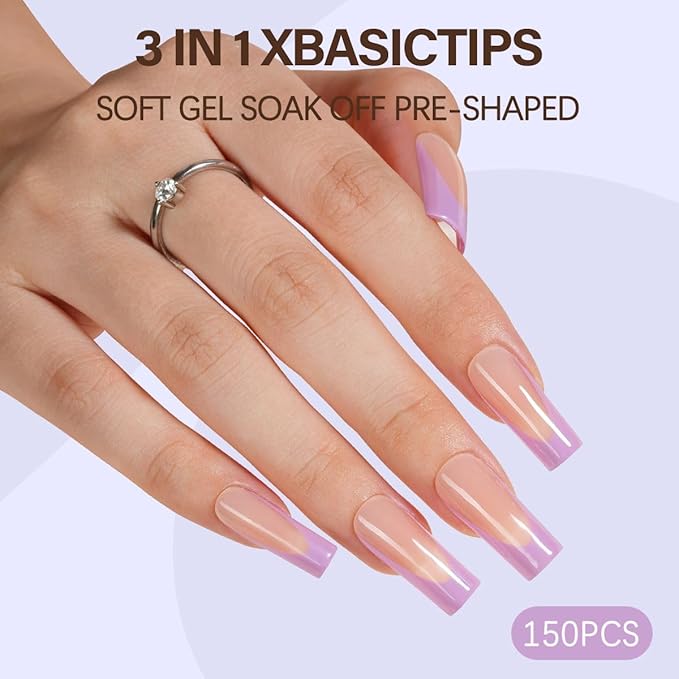 Misssix XBASICTIPS French Gel Nail Tips, 150Pcs Soft Gel French Tip Press on Nails, Long Square Pre-Shaped Fake Nails, No Need to File for Art DIY 15 Sizes