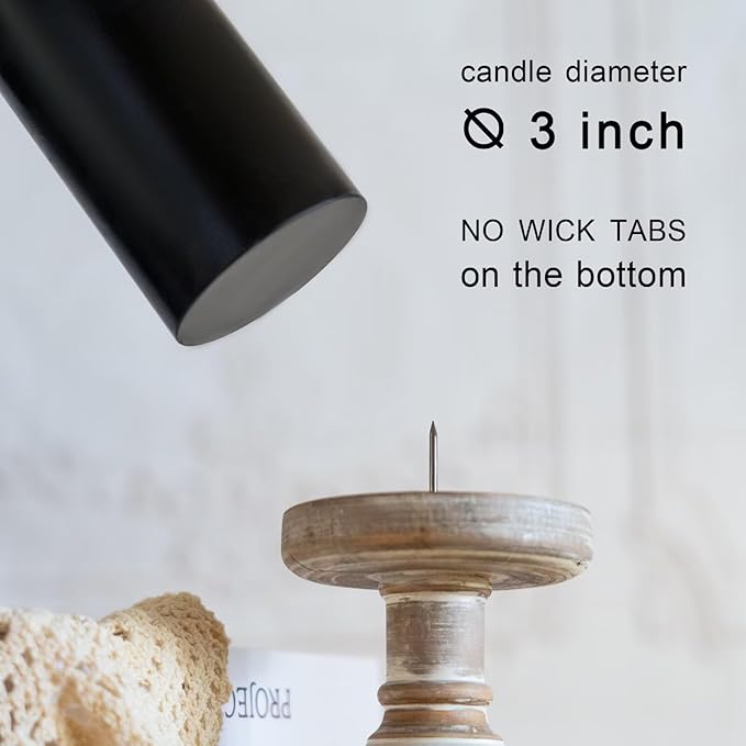 MOZEAL 3" x 8" Hand-Poured Unscented Candles,Large Black Pillar Candles Set of 2,No Drip,Approx 120 Hours Long Burning,Wedding,Dinner,Halloween and Home Decor（3 Inch Diameter 8 Inch Height）