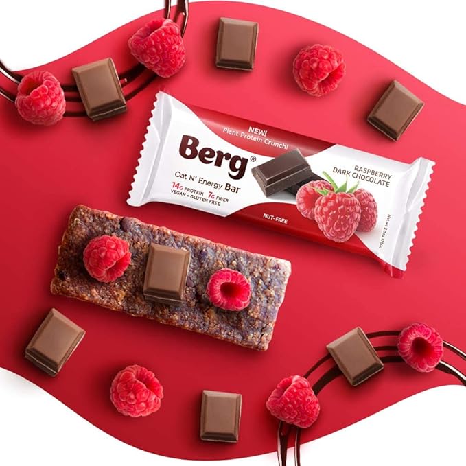 Berg Oat N' Energy Bar | Raspberry Dark Chocolate | Plant Based Protein Bar | Non-GMO, Gluten Free, Nut Free and Vegan | Low Sugar, Healthy Snack Bar | High Fiber | On The Go | 2.5oz (8 Packs)