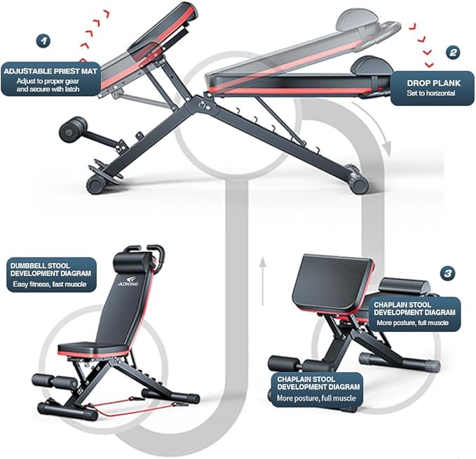 Adjustable Exercise Chair for Home Gym – Foldable Back Extension Bench for Core, Hip & Lower Back Workout – Multi-Functional Hyperextension Bench with Tension Rope for Full-Body Exercise