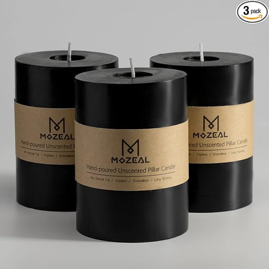 MOZEAL 3" x 4" Hand-Poured Unscented Candle,Dripless Pillar Candle Set of 3,Long Clean Burning,Approx 72 Hours Burn Time,Rustic Country Style,Wedding,Dinner,Christmas and Home Decor,Black